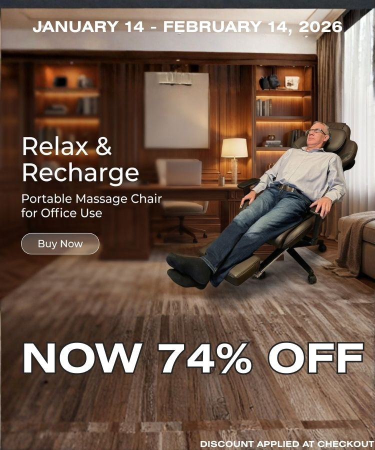 Advertisement for a portable massage chair with a man using it in an office setting, offering a discount.