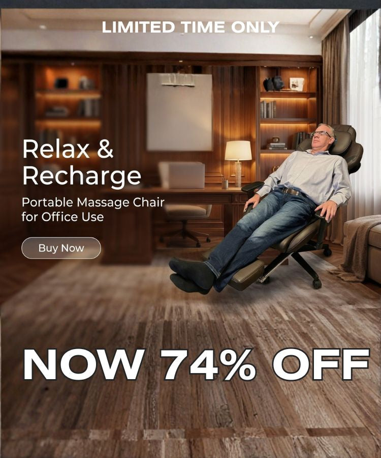 Advertisement for a portable massage chair with a man using it in an office setting, featuring a limited-time discount offer.