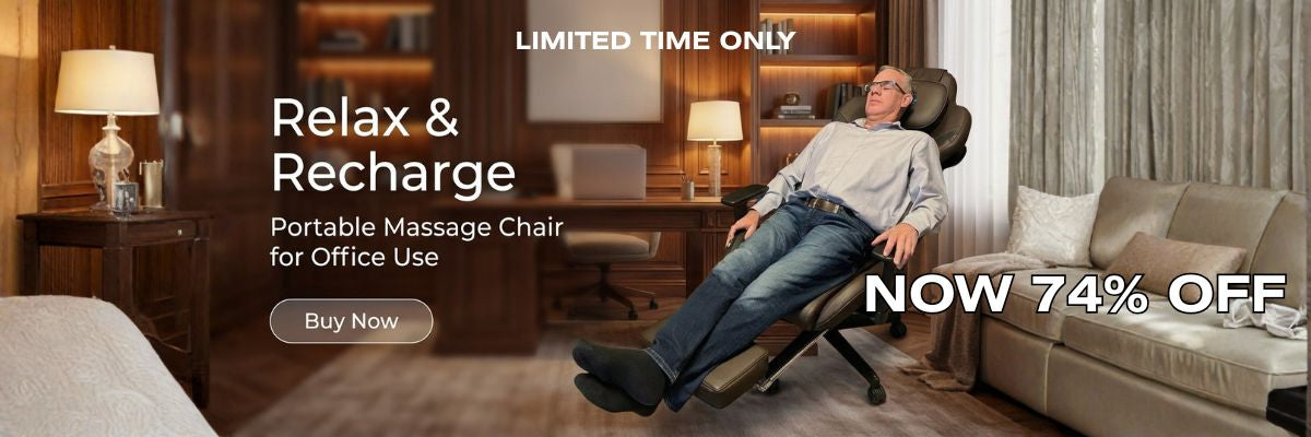 Portable massage chair being used in an office setting with promotional text overlay.