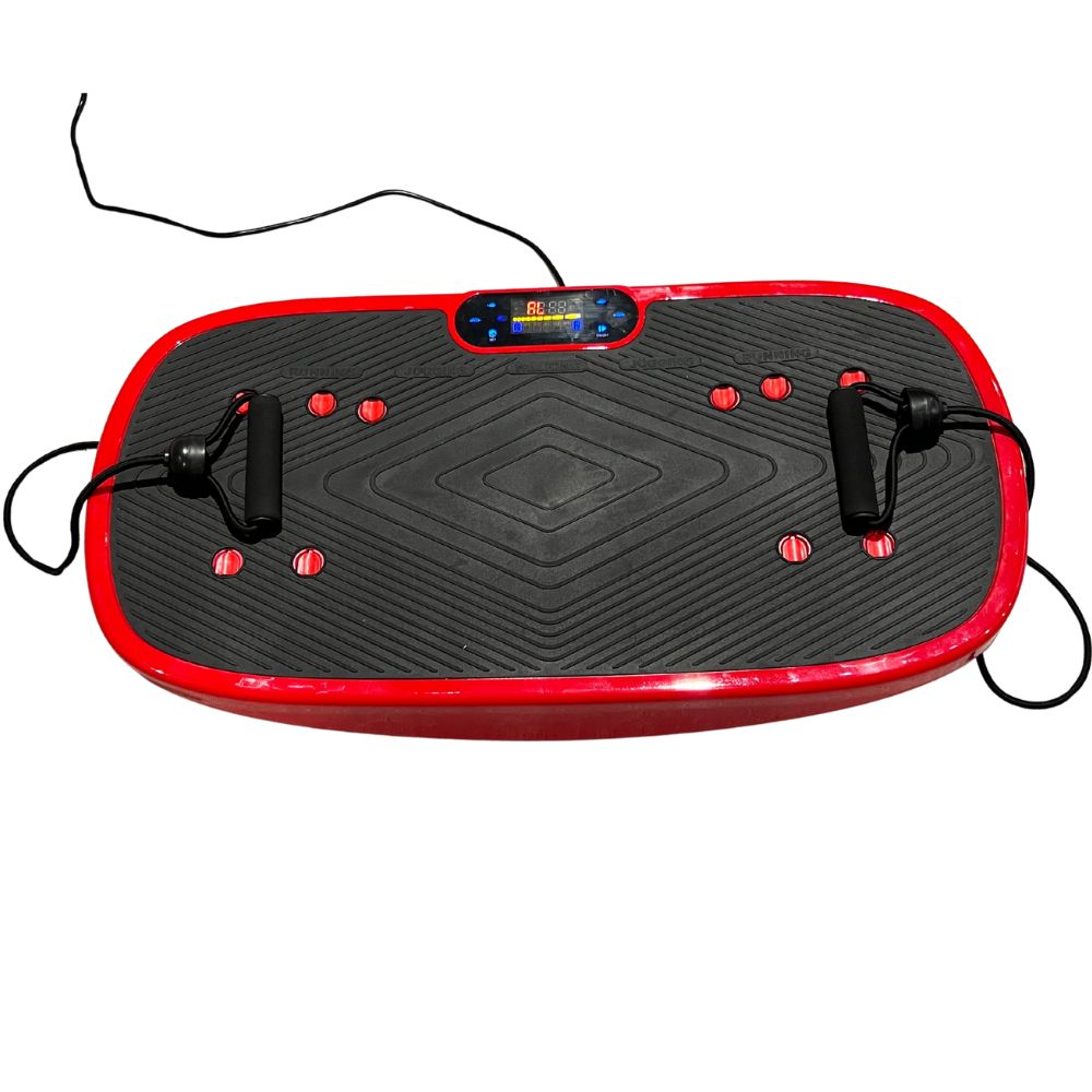 Red and black vibration plate with resistance bands on a white background