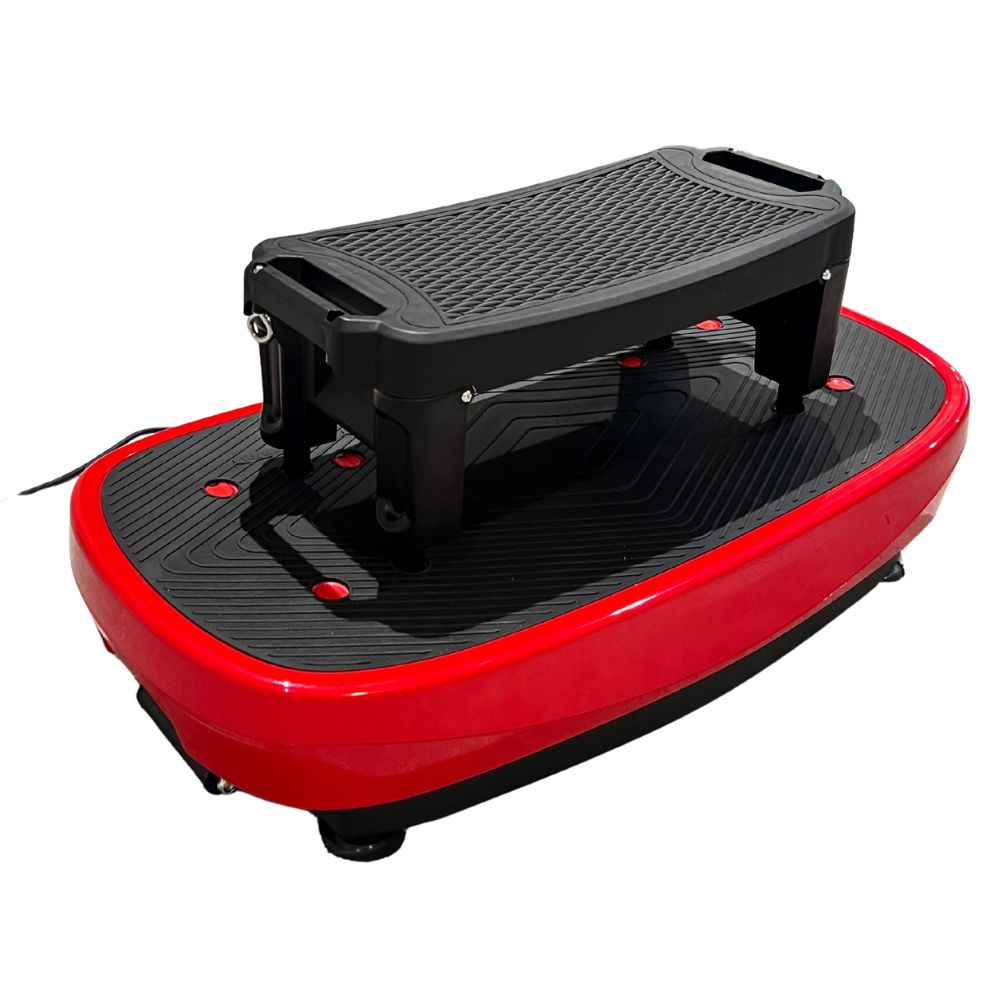 Red and black vibration plate with included accessory on a white background