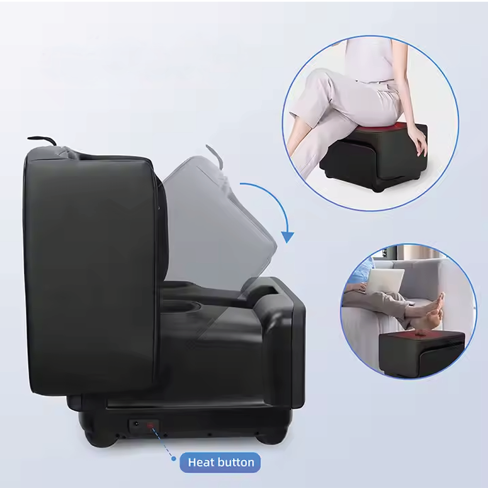Black massage otoman with heat button feature, shown in use scenarios.