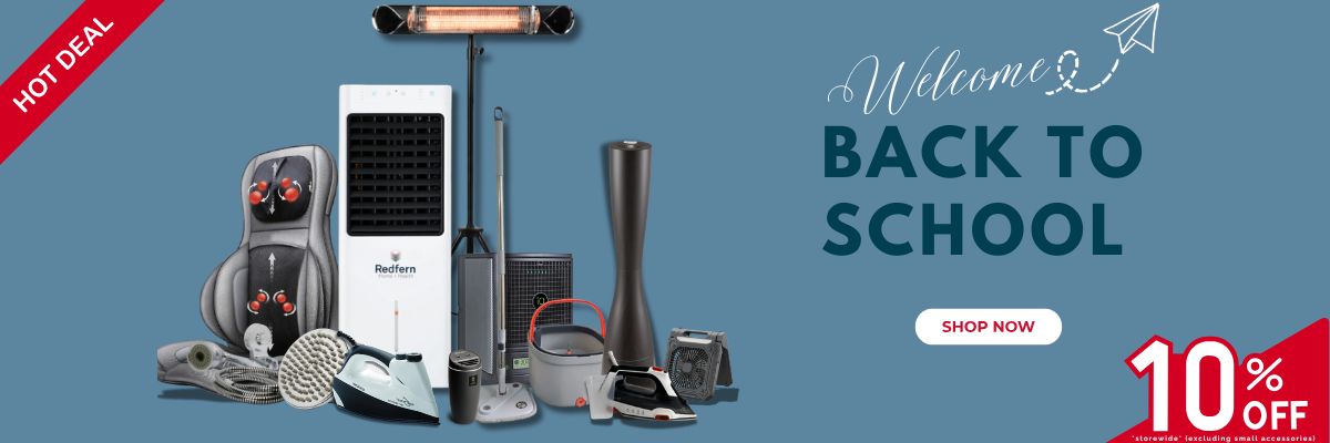 Back-to-school promotional banner with heater, air cooler, clothing iron, shower head and air purifiers on a blue background.