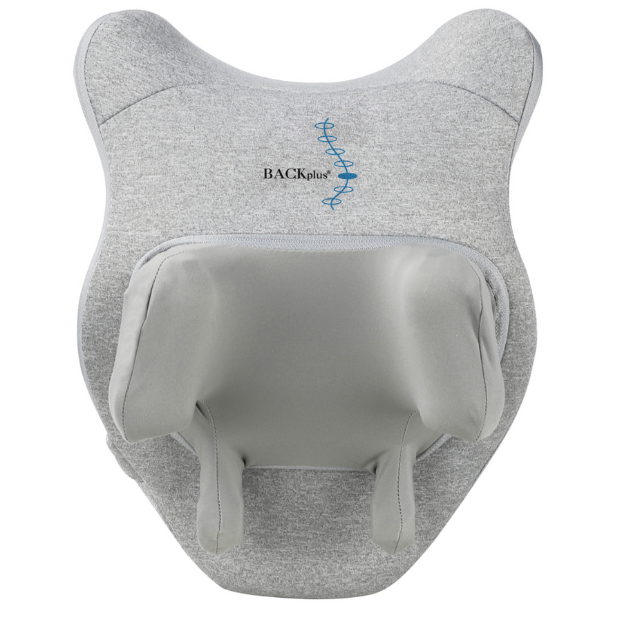 A gray BACKplus 3D Massage Pillow with a prominent logo at the top and a form designed to fit the contours of a body for massage - highlighting massage nodes and fabric texture. 