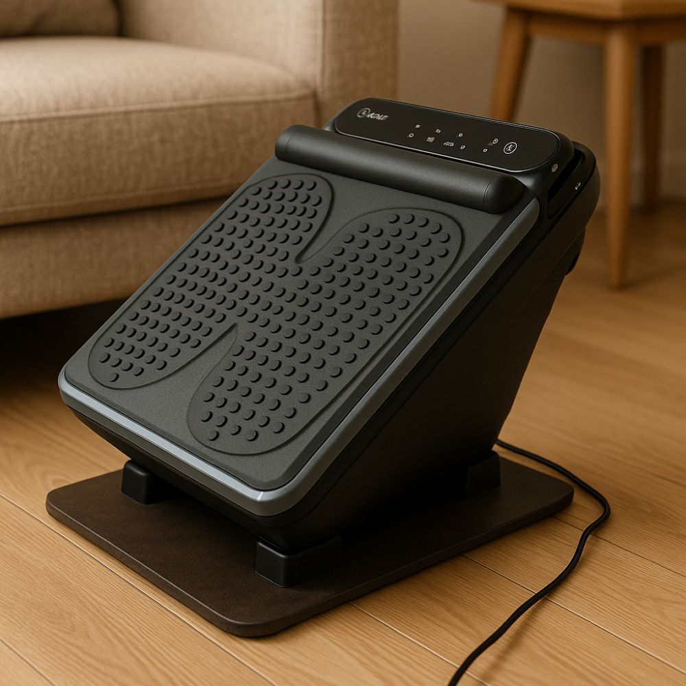 Backplus Foot & Leg Massager close-up on hardwood floor in front of a couch
