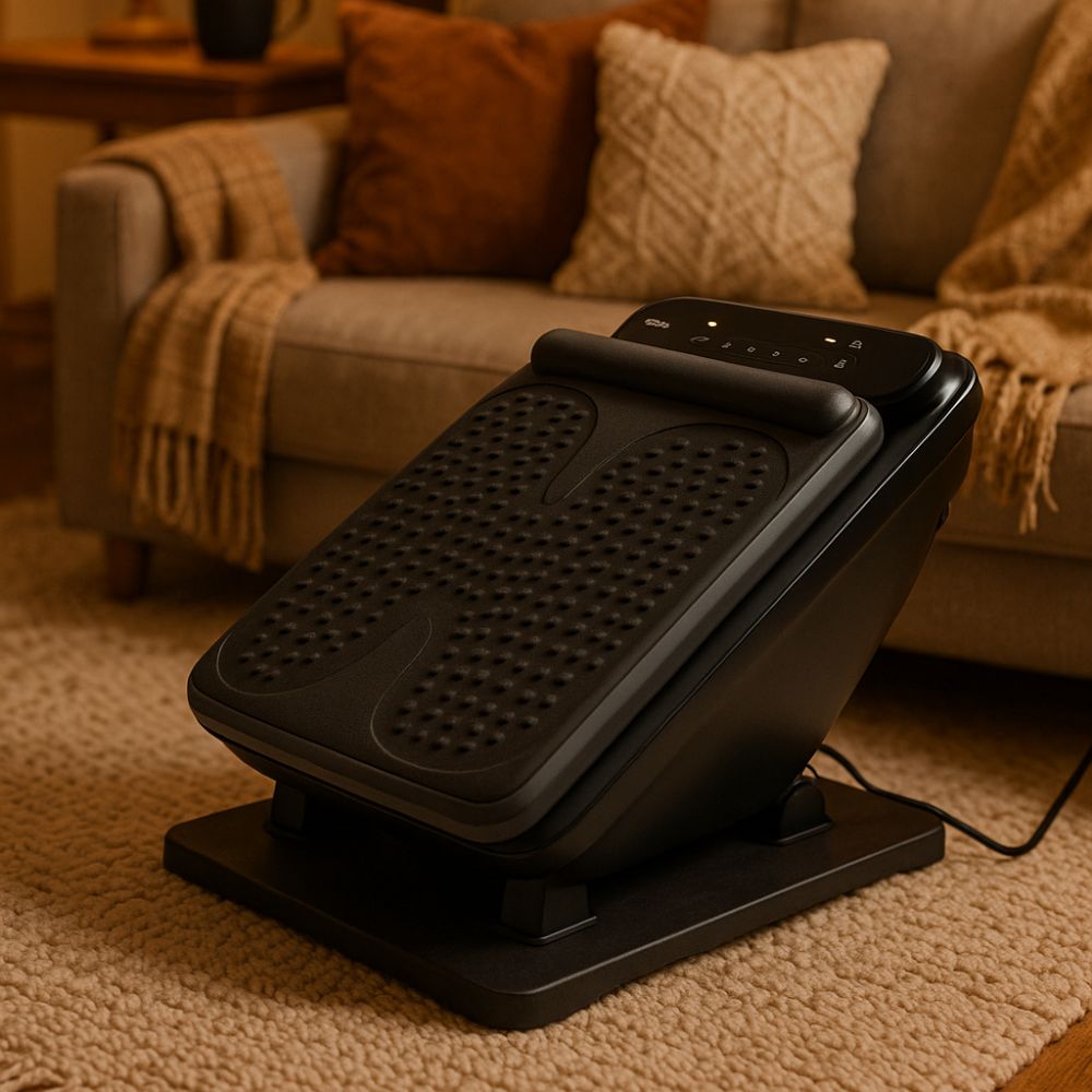 Close up of BACKplus Foot & Leg Massager in front of couch