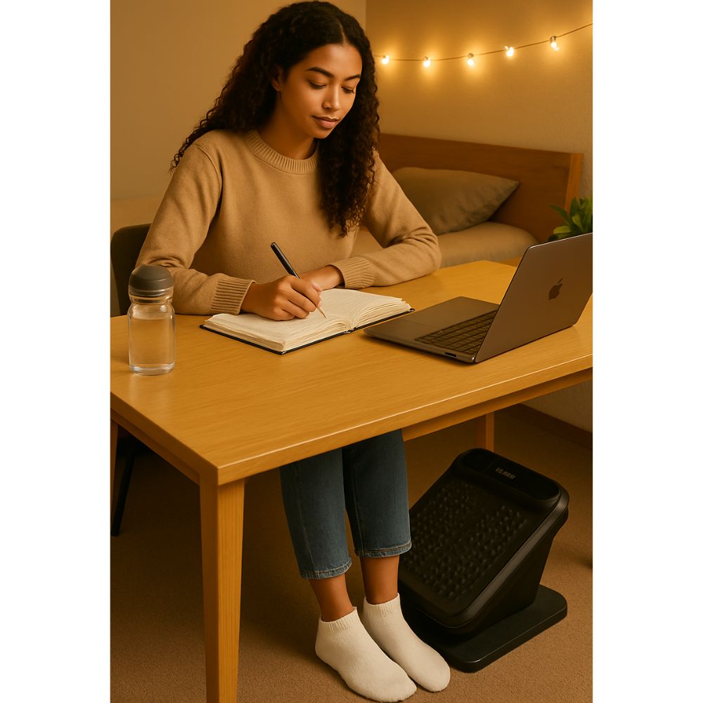 Woman studying and using the Backplus Foot & Leg Massager