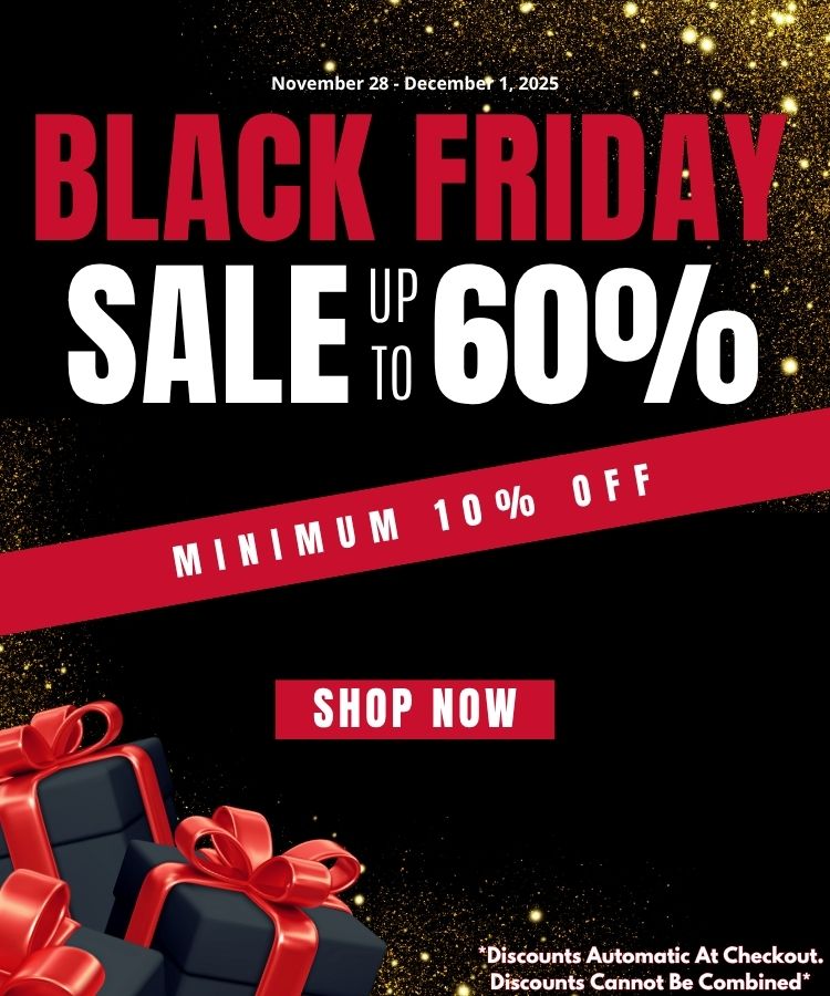 Black Friday sale advertisement with red and white text on a black background
