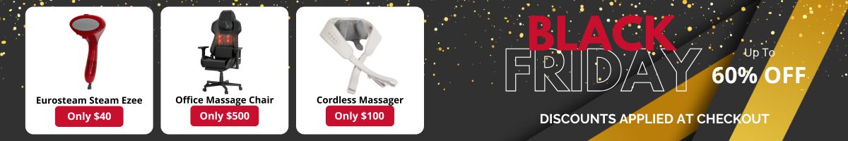 Black Friday sale banner with massage chair, steam Ezee, and other products on a dark background.