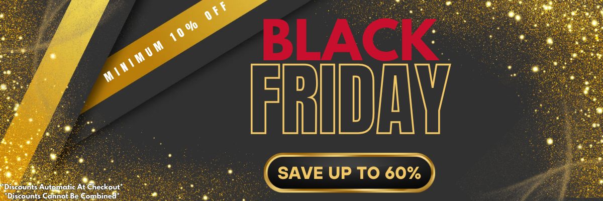 Black Friday sale banner with gold accents and text on a dark background