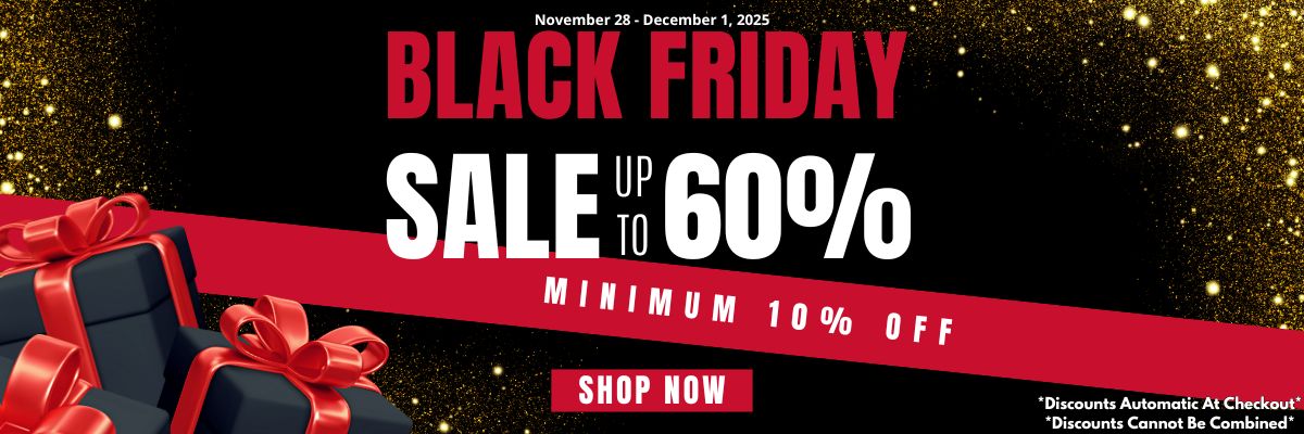 Black Friday sale banner with red text and gift boxes on a dark background
