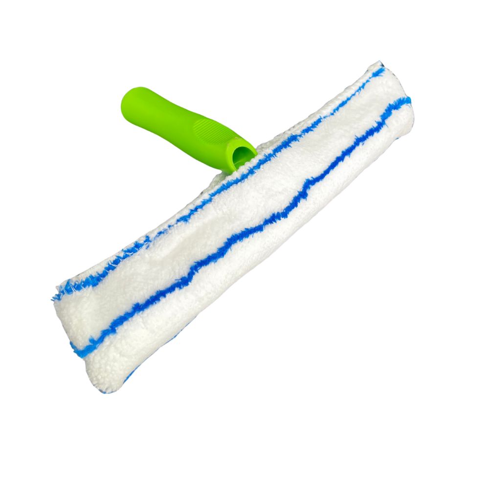 window blade accessory tool with white head and blue stripes on a green handle against a white background