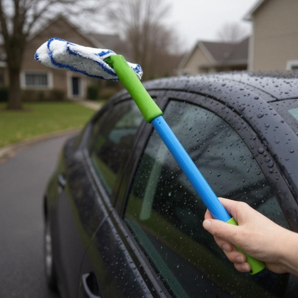 Person cleaning a car window with a telescopic squeegee - Blade Window Pro