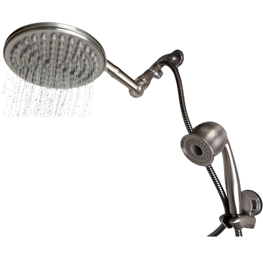 Brushed Nickel shower head with flexible arm and hose on a white background