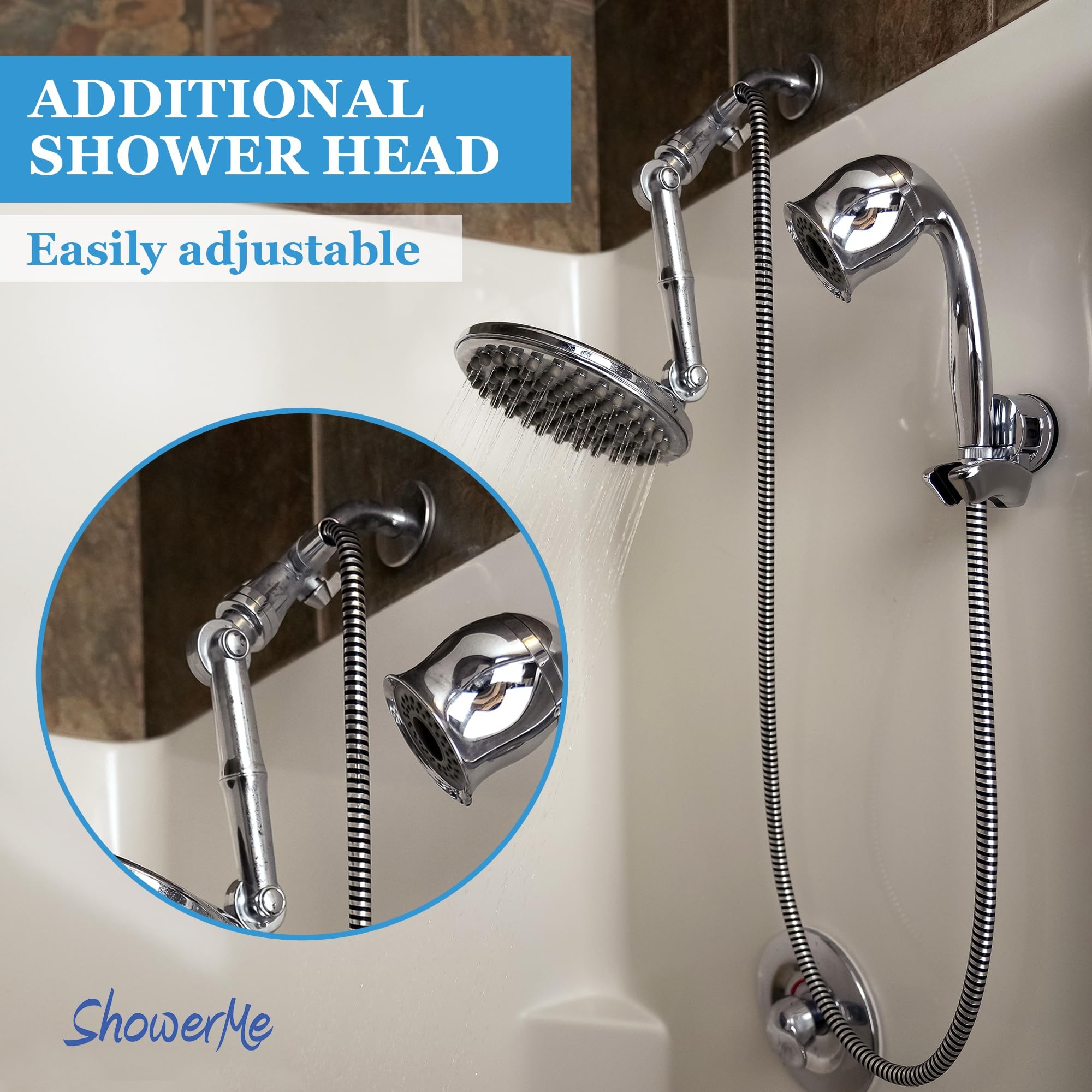 Chrome shower head with flexible hose attached to a tiled wall, labeled 'Additional Shower Head' and 'Easily adjustable'.