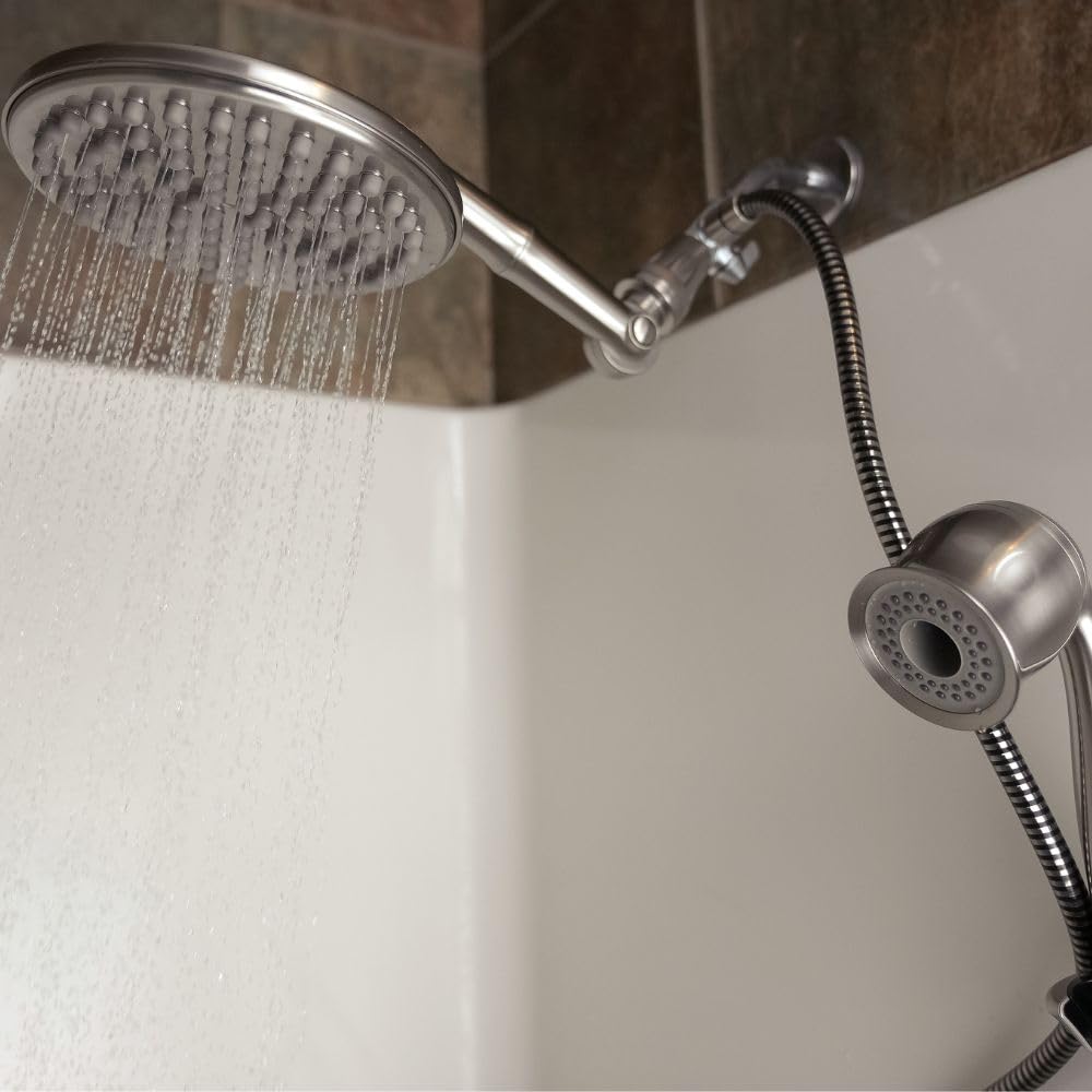 Brushed Nickel shower head with flexible arm attached to a wall-mounted fixture.
