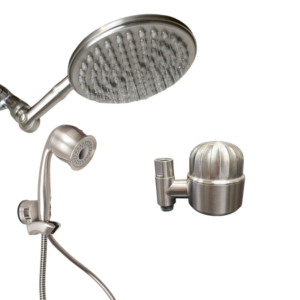 Brushed nickel shower head and arm set on a white background