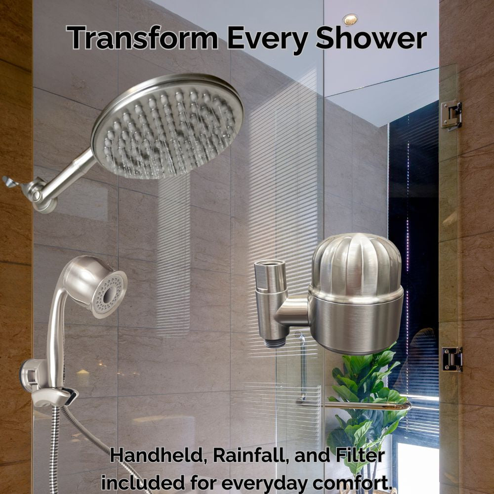 Shower head and handheld shower with filter mounted on wall in a bathroom.