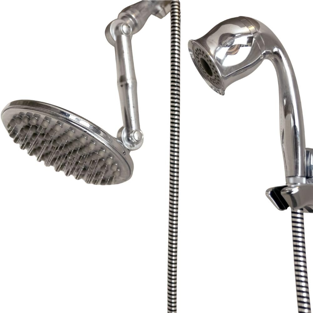 Chrome shower head and handheld shower with hose on a white background