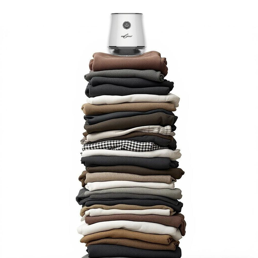 Stack of folded clothes with a Eurosteam Lint Remover on top against a white background