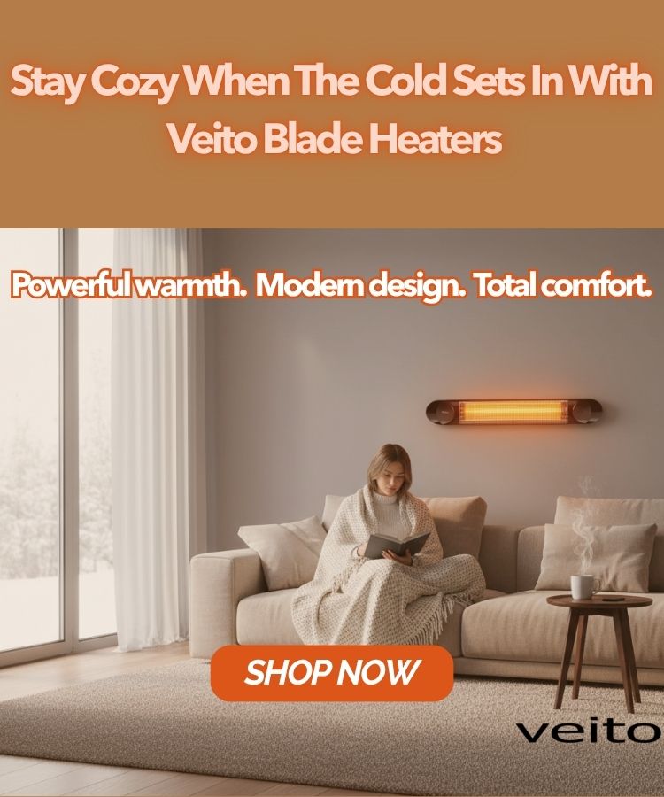 Advertisement for Veito blade heaters with a woman on a couch, text overlay, and 'Shop Now' button.