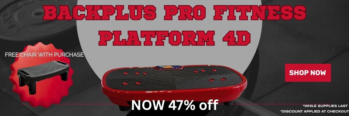 Advertisement for Backplus Pro Fitness Platform 4D with promotional text and product image.