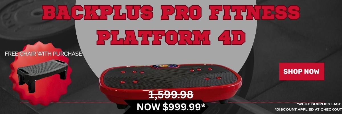 Advertisement for Backplus Pro Fitness Platform 4D with pricing and call to action on a dark background.