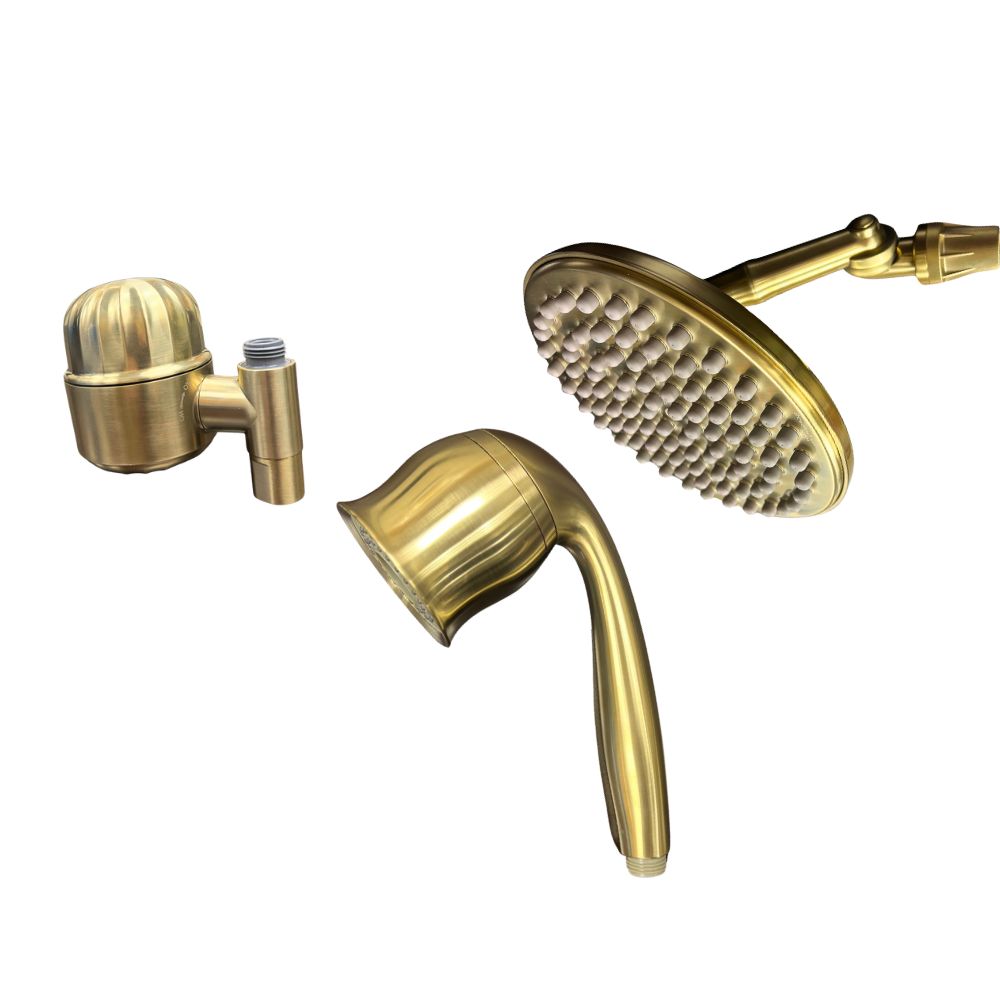 Gold shower head and handheld shower on a white background
