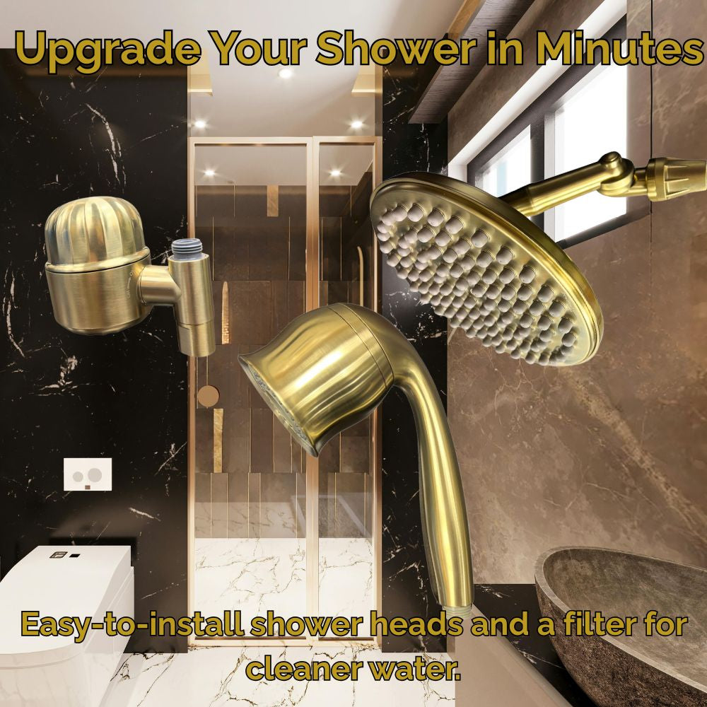 Gold shower heads with text overlay on a bathroom background