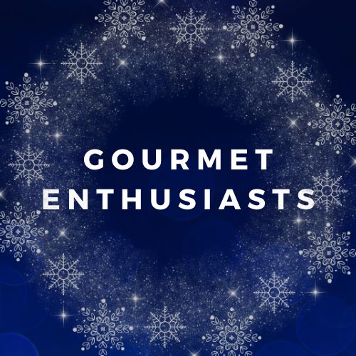 Text 'GOURMET ENTHUSIASTS' on a dark blue background with snowflake patterns