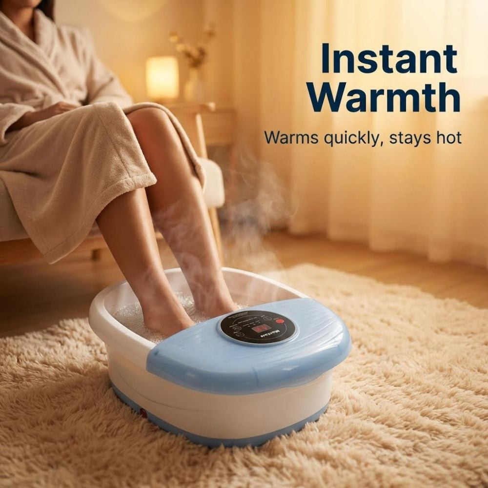 Person using a foot bath with steam, text 'Instant Warmth' and 'Warms quickly, stays hot' displayed.
