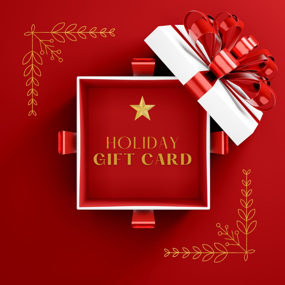 Red gift box with 'Holiday Gift Card' text and a decorative bow on a red background