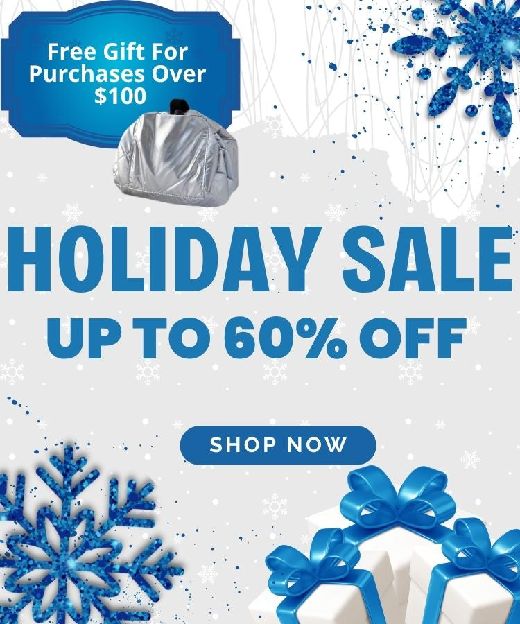 Holiday sale advertisement with blue snowflakes, gift boxes, and text about free gifts and discounts. Shop up to 60% off sitewide