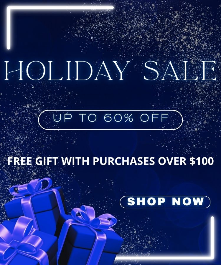 Holiday sale advertisement with blue gift boxes and text on a dark blue background