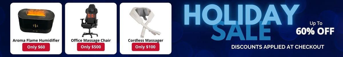 Promotional banner for holiday sale with discounted products and a blue background.