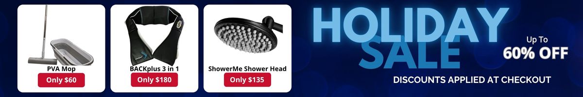 Promotional banner for holiday sale with discounts on shower, mop and massager items.