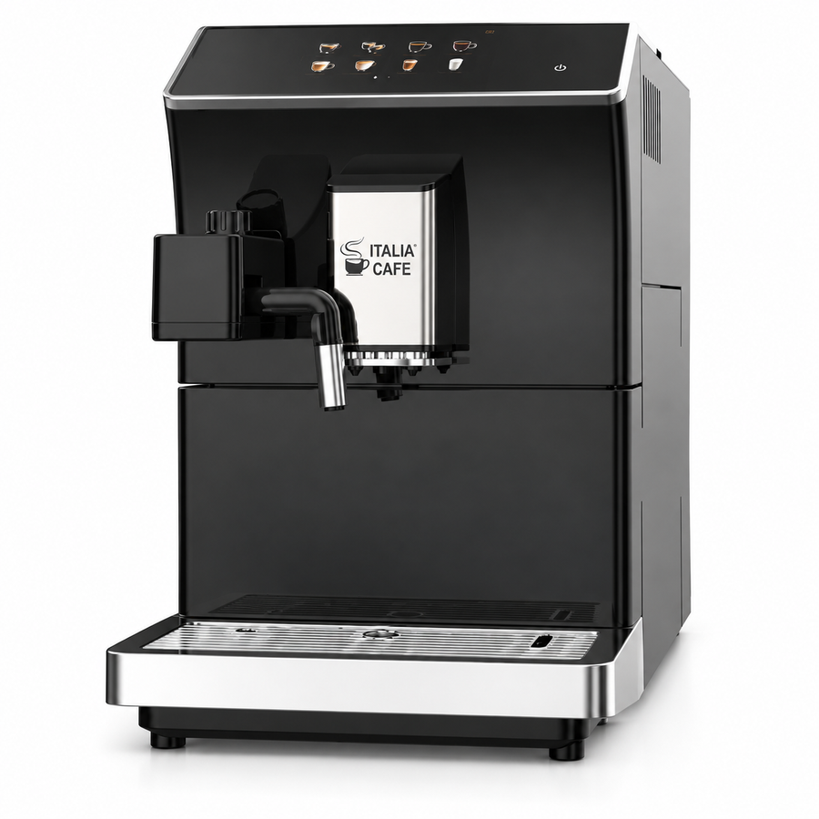 Black Italia Cafe fully automatic coffee machine, primary view on a white background