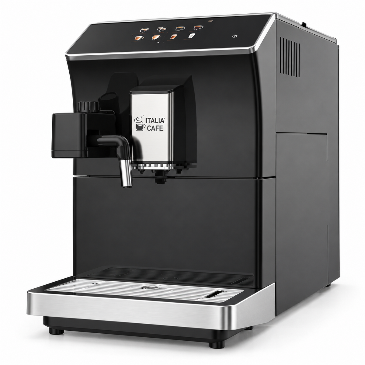 Black Italia Cafe automatic espresso machine, right-front three-quarter view on a white background
