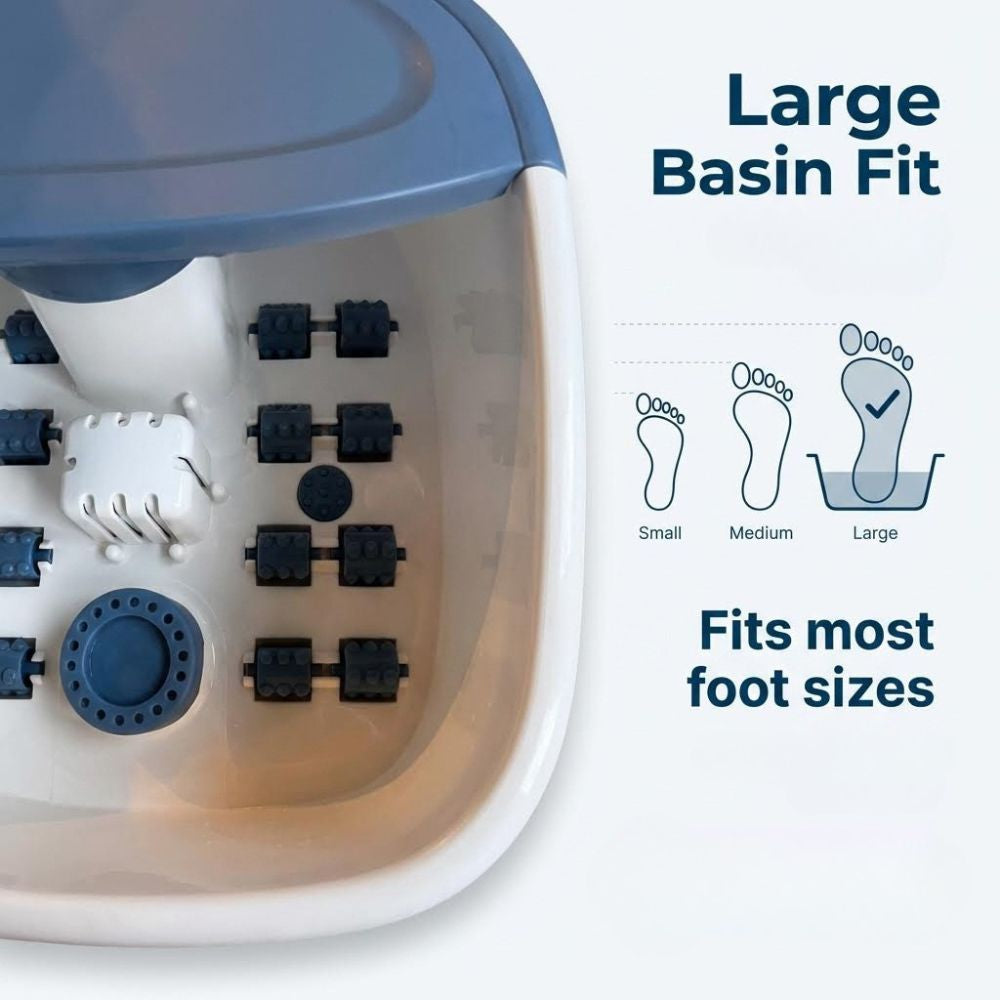 Foot bath with adjustable foot sizes indicated on a white background