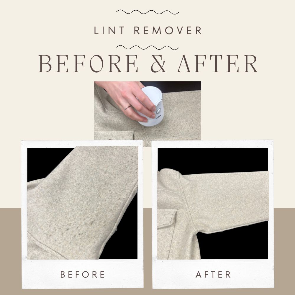 Collage showing the effect of a lint remover on a fabric surface, with 'Before' and 'After' comparisons.
