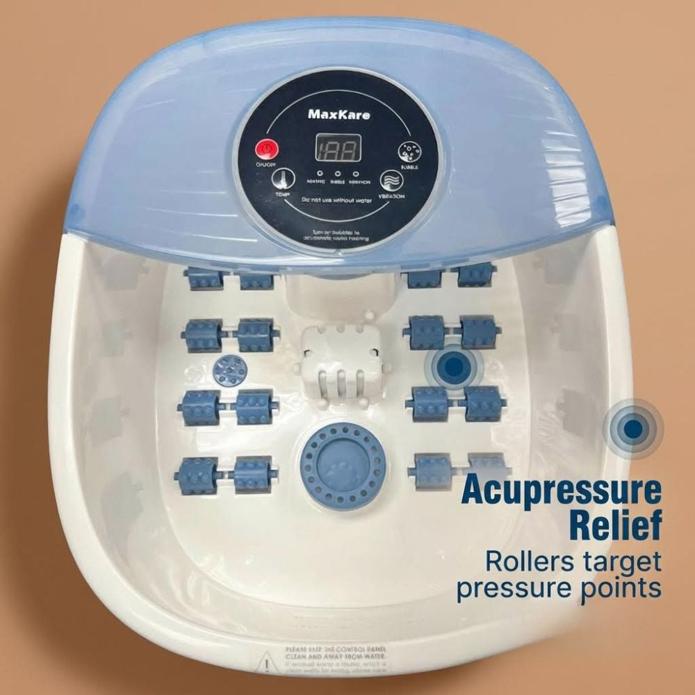 MaxKare foot spa with rollers and digital display on a brown background
