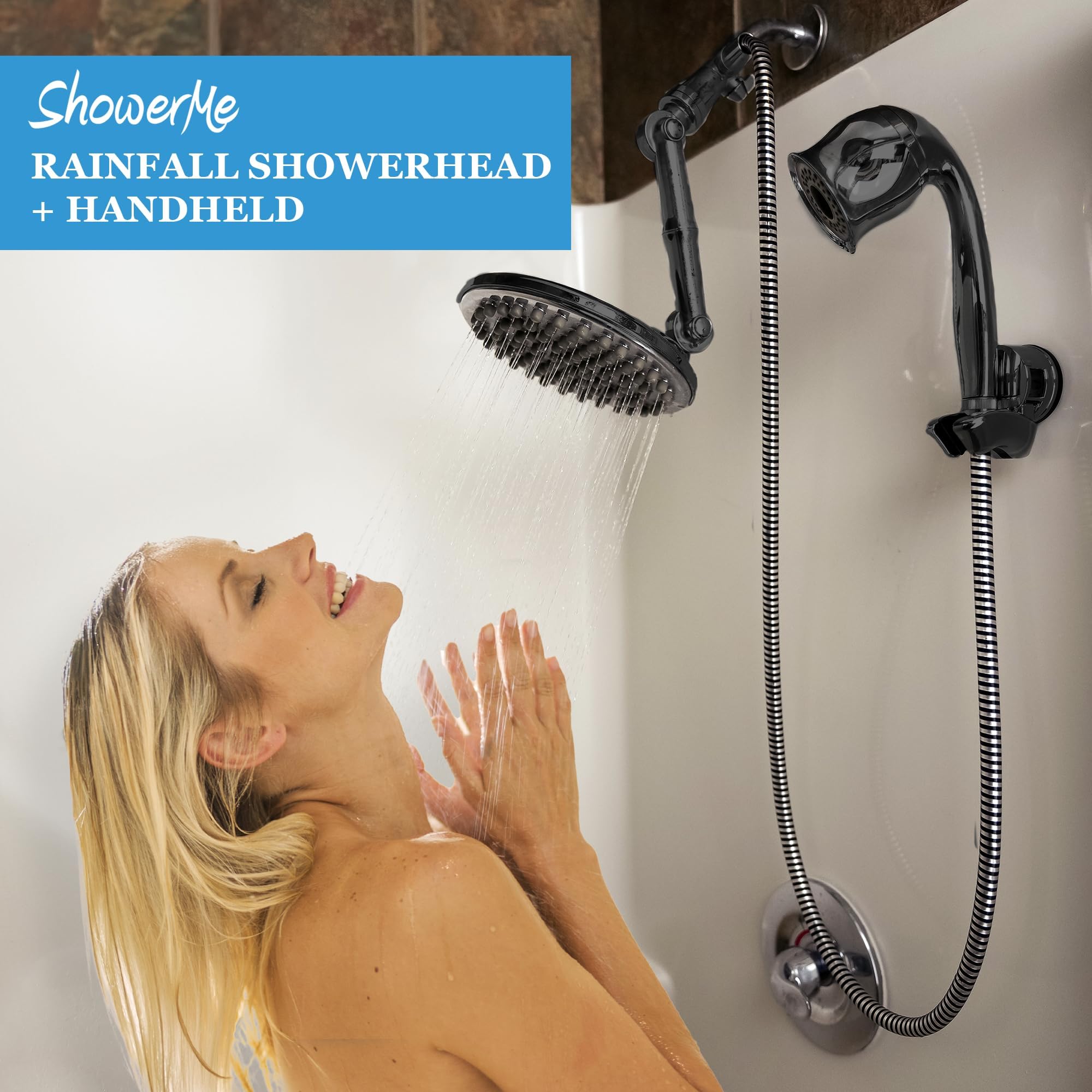 Woman showering with a Rainfall Showerhead and Handheld Shower system on a white wall.