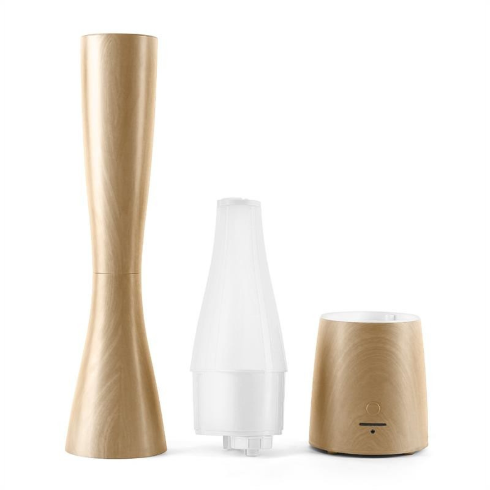 Three section view of the Micro Mist Tower Humidifier and Essential Oil Diffuser in light wood.