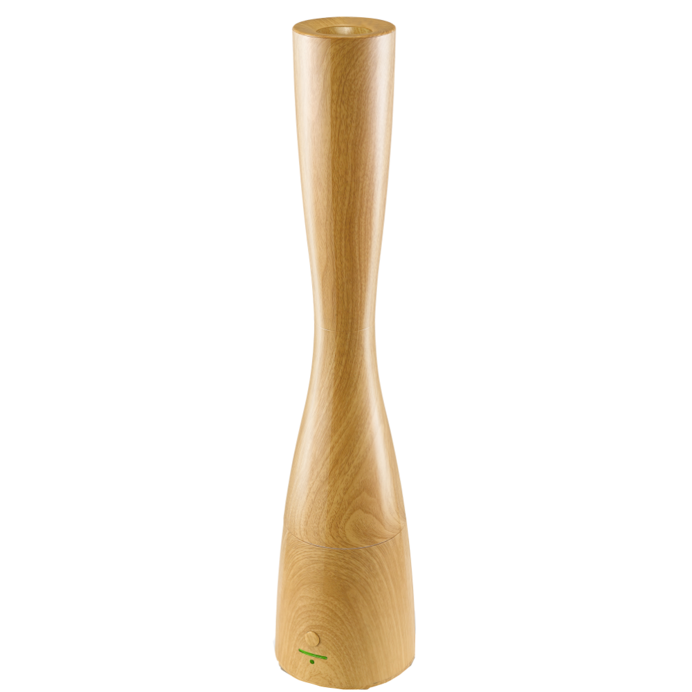 Micro Mist Tower Humidifier and Essential Oil Diffuser in light wood on white background.