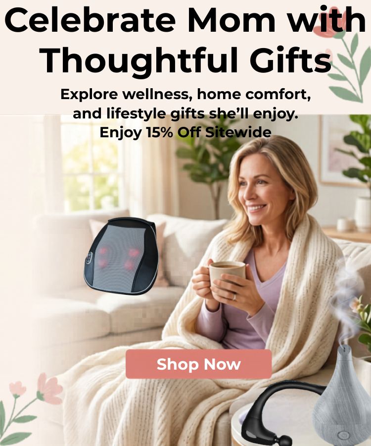 Woman relaxing on the couch surrounded by Redfern products - Save 15% off sitewide for Mother's Day