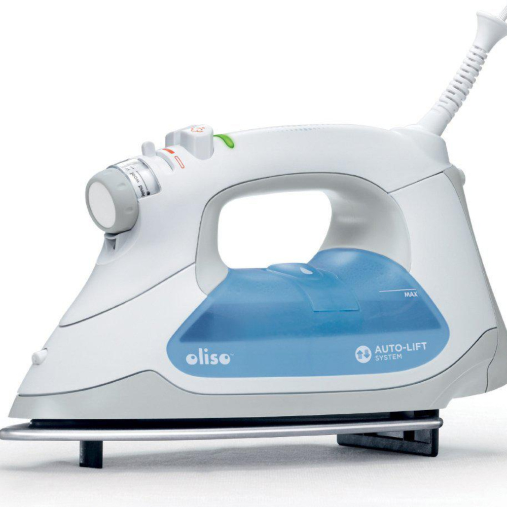 White and blue iron with Oliso branding on a white background