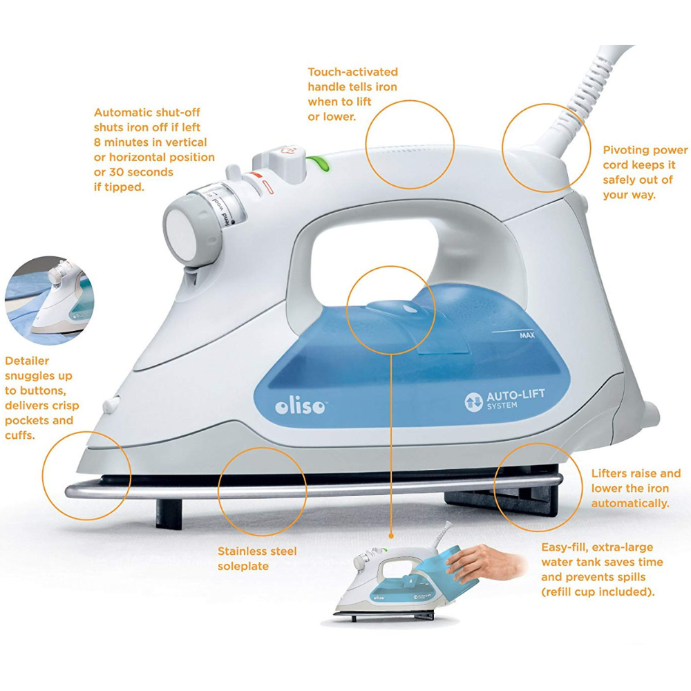 Oliso iron with features highlighted on a white background