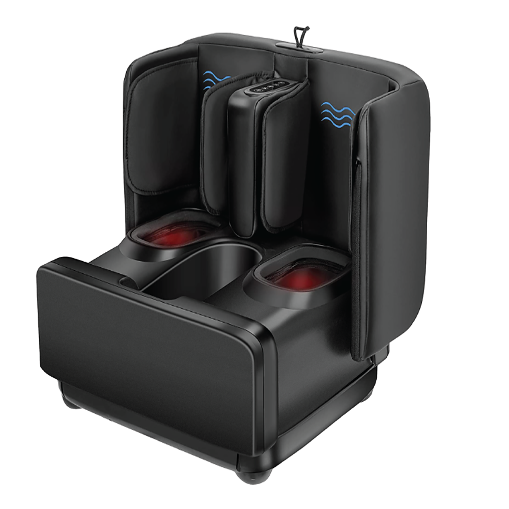 Isolated image of a foot and leg ottoman massager. Ottoman foot and calf massager designed to blend with home décor.