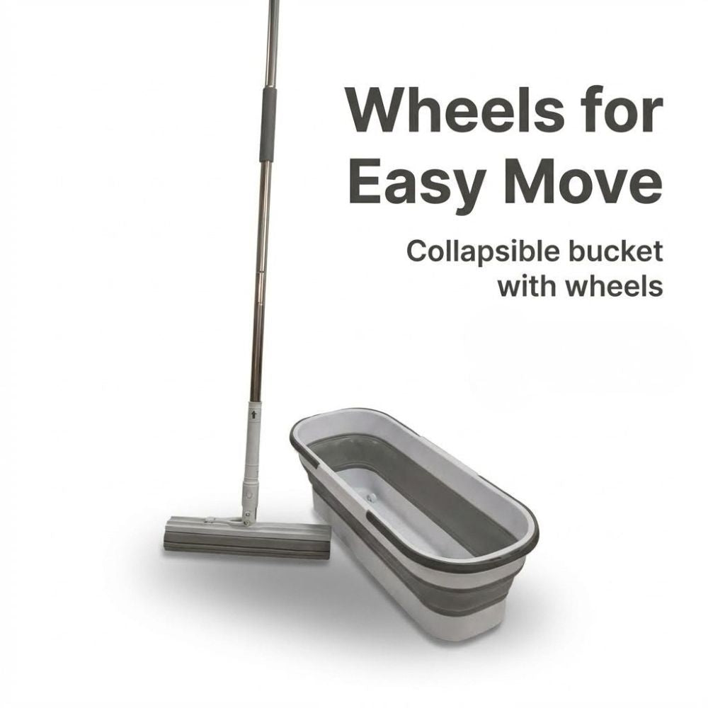 PVA Mop with text 'Wheels for Easy Move' and 'Collapsible bucket with wheels'