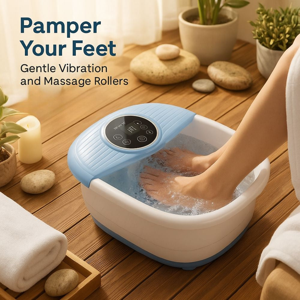Person using a foot spa with text 'Pamper Your Feet' and 'Gentle Vibration and Massage Rollers'.